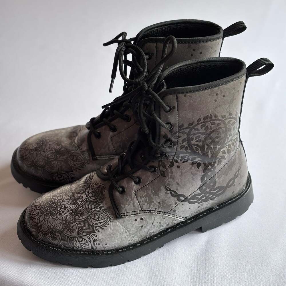 Women's Gray Floral Combat Boots - Lace-Up Moto Style